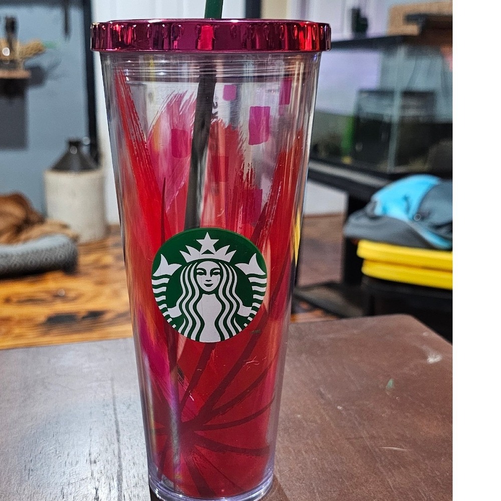 Starbucks 2014 Red‎ Magenta Brushstroke Venti Cold Cup Tumbler 24oz With Straw